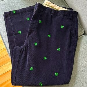 Men’s size 42” navy corduroy pants with embroidered shamrocks St. Patrick’s Day
